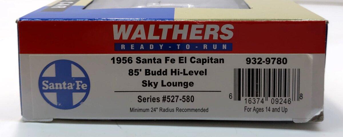 Walthers 932-9780 HO Santa Fe 1956 El Capitan 85' Budd Hi-Level Sky Lounge Car LN/Box
