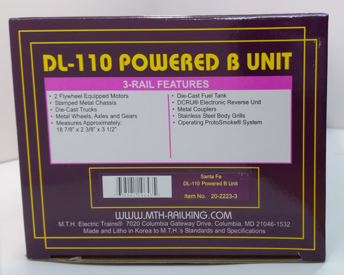 MTH 20-2223-3 O Gauge Santa Fe DL110 B-Unit Powered Diesel Engine LN/Box