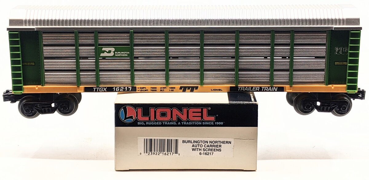 Lionel 6-16217 O Gauge Burlington Northern Auto Carrier with Screens LN/Box