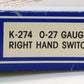K-Line K-0274 O-27 Gauge 42" Right Hand Manual Switch Turnout