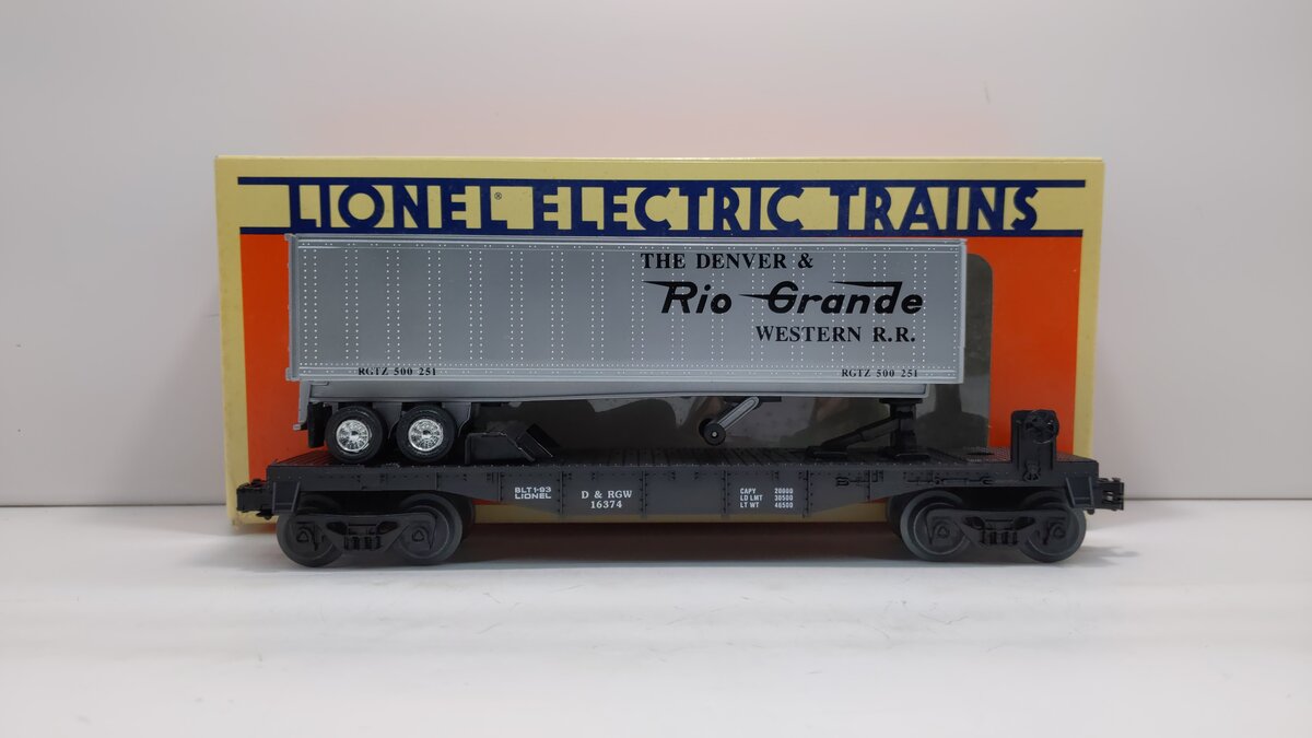 Lionel 6-16374 O Gauge Denver & Rio Grande Western Flatcar with Trailer EX/Box