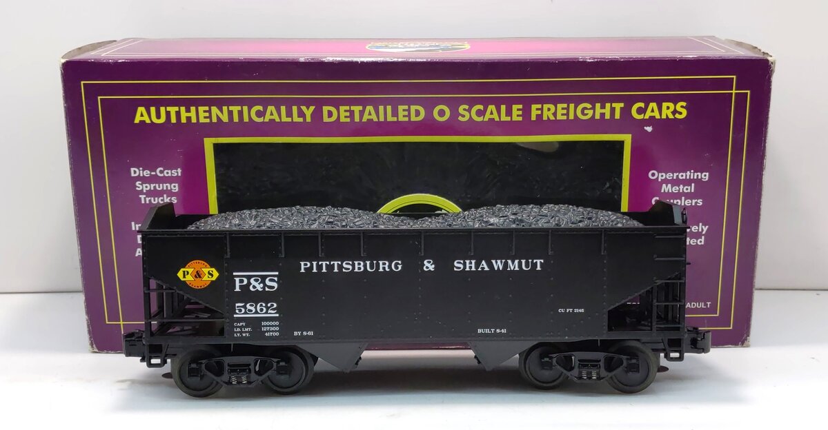 MTH 20-97538 O Pittsburg & Shawmut 2-Bay Hopper Car with Coal Load #5862 NIB