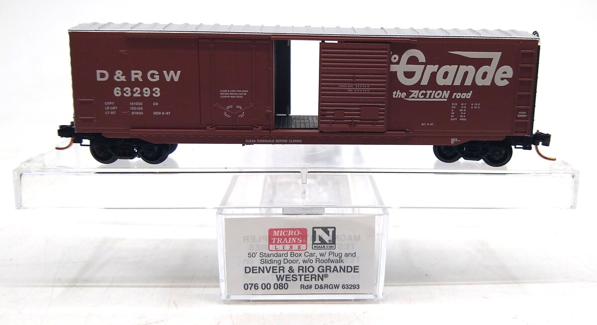 Micro-Trains 07600080 N Scale D&RGW 50' Plug & Sliding Door Boxcar #63293 LN/Box