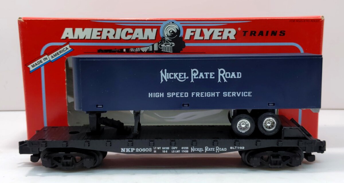 American Flyer 6-48479 S Scale Nickel Plate Road NASG Flatcar w/Ertl Trailer LN/Box