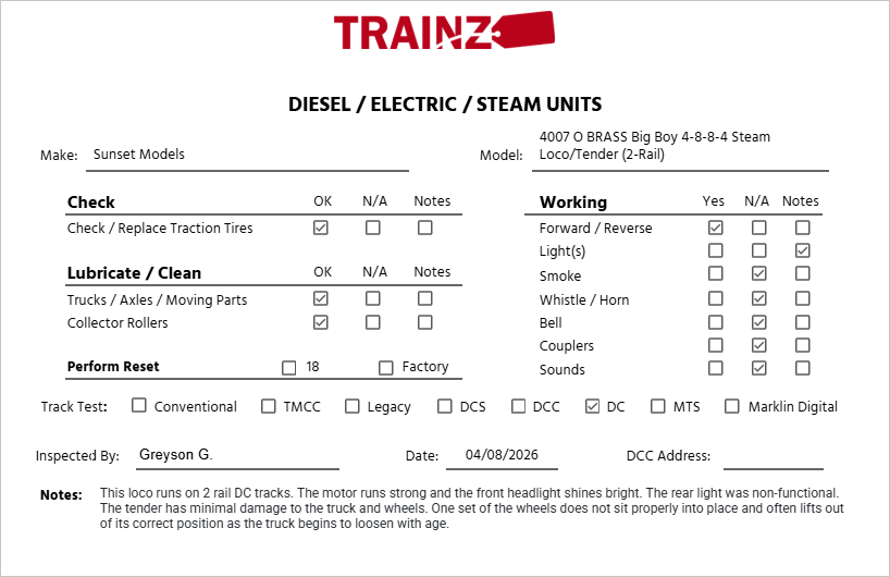 Sunset Models 4007 O BRASS Big Boy 4-8-8-4 Steam Loco/Tender (2-Rail) EX/Box