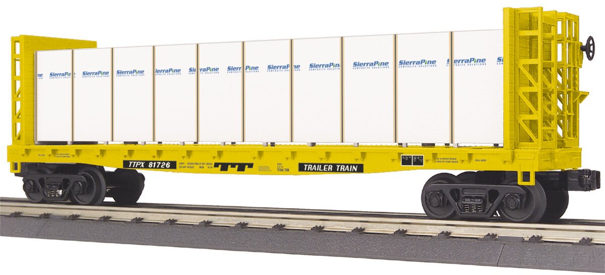 MTH 30-76523 O Gauge Trailer Train Bulkhead Flatcar with Lumber Load #81726