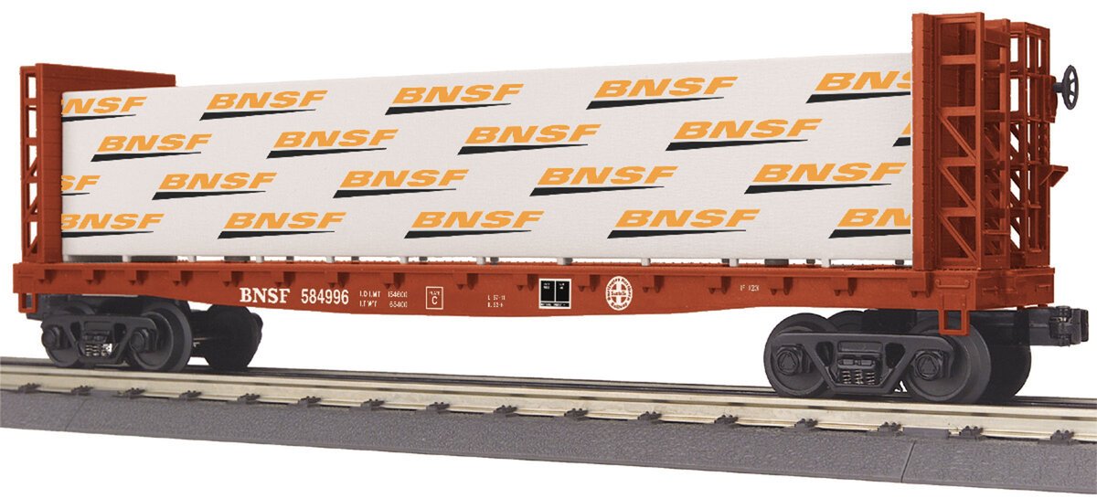 MTH 30-76647 O Gauge BNSF Bulkhead Flat Car w/Lumber Load LN/Box