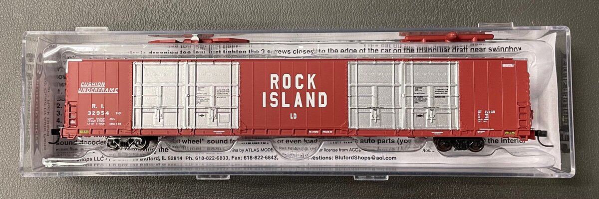 Bluford Shops 87132 N Scale Rock Island 86' Quad Dr Auto Parts Box Car #32954