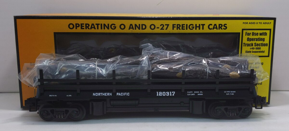 MTH 30-7649 O Gauge Northern Pacific Operating Flatcar w/ Logs #120317 NIB