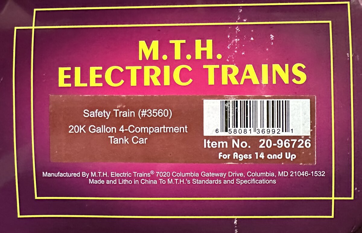 MTH 20-96726 O Safety Train 20000 Gallon 4-Compartment Tank Car #3560