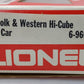 Lionel 6-9604 O Gauge Norfolk & Western Hi-Cube Boxcar NIB