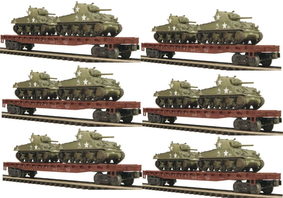 MTH 20-90427 O New York Central 60’ Flat Car Set w/Sherman Tank Load (Set of 6)
