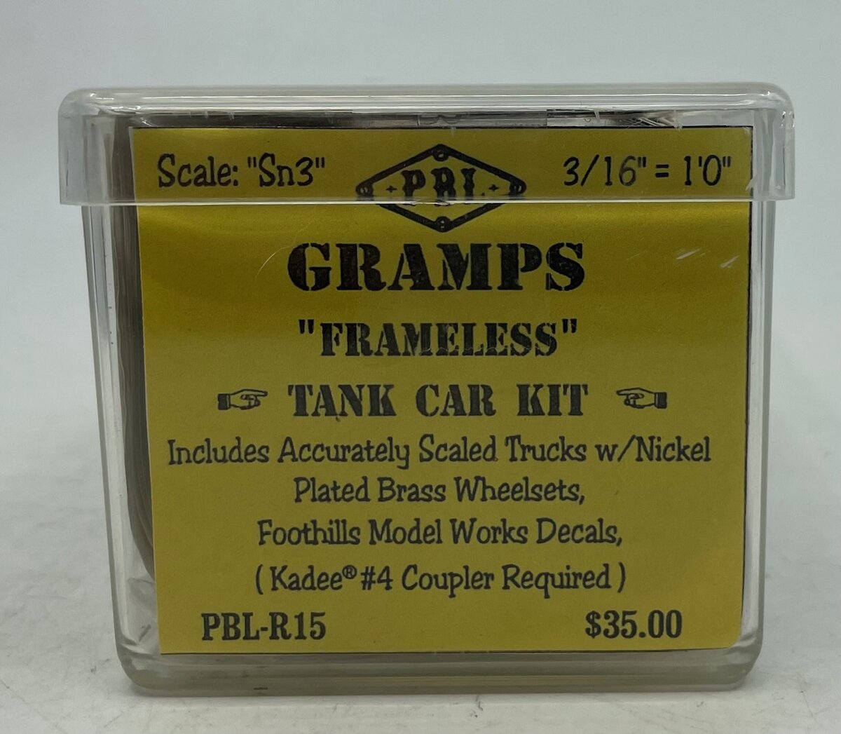 PBL R-15 Sn3 Scale Gramps Frameless Tank Car Kit