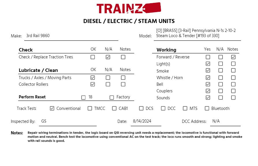 3rd Rail 9860 O BRASS Pennsylvania N-1s 2-10-2 Steam Loco & Tender - 3-Rail LN/Box
