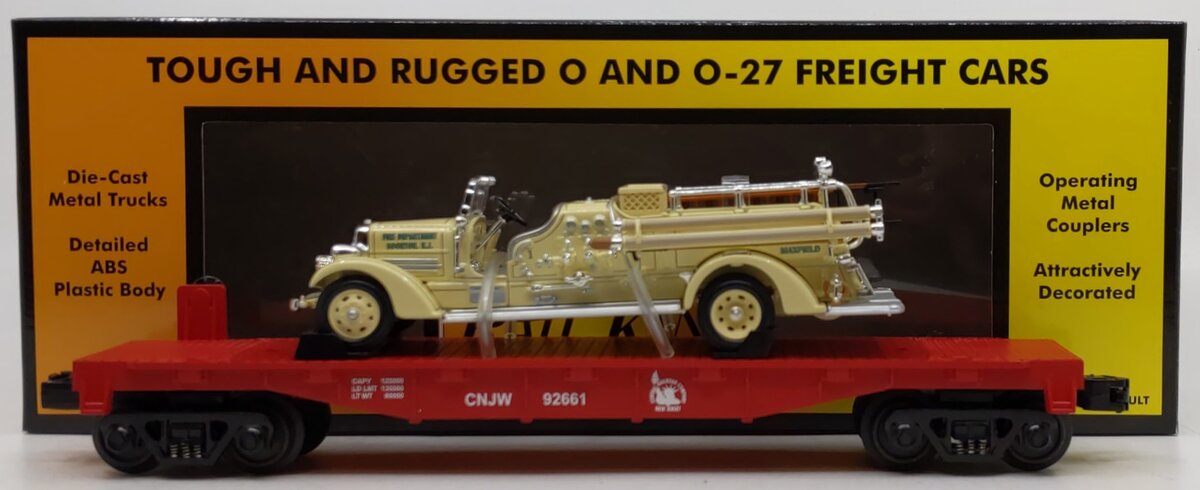 MTH 30-76273 O Gauge Jersey Central Flatcar with Cream Fire Truck #92661