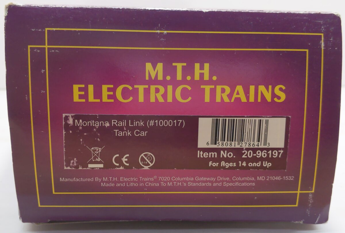 MTH 20-96197 O Montana Rail Link Gallon Tank Car #100017