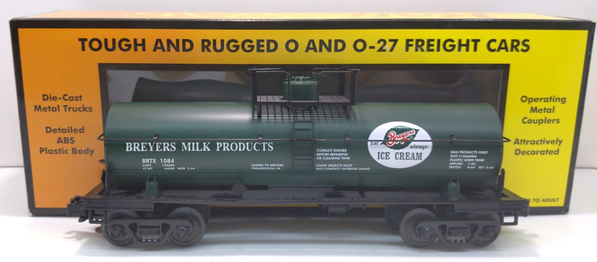 MTH 30-7330 O Gauge Breyers Milk Single Dome Tank Car #1084 EX/Box