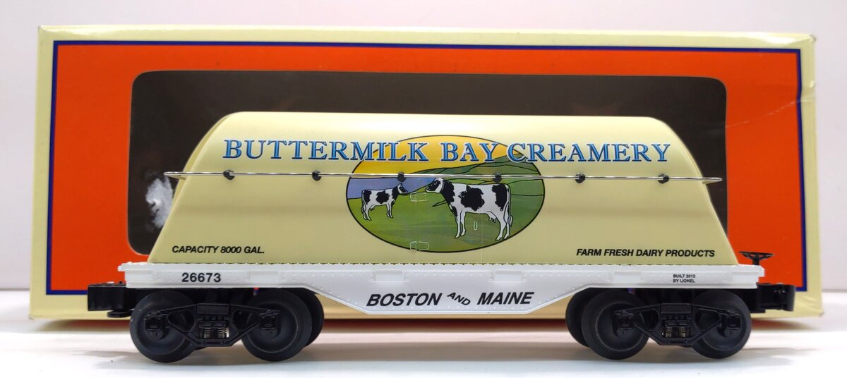 Lionel 6-26673 O Gauge Buttermilk Bay Creamery Flatcar w/ Milk Tank