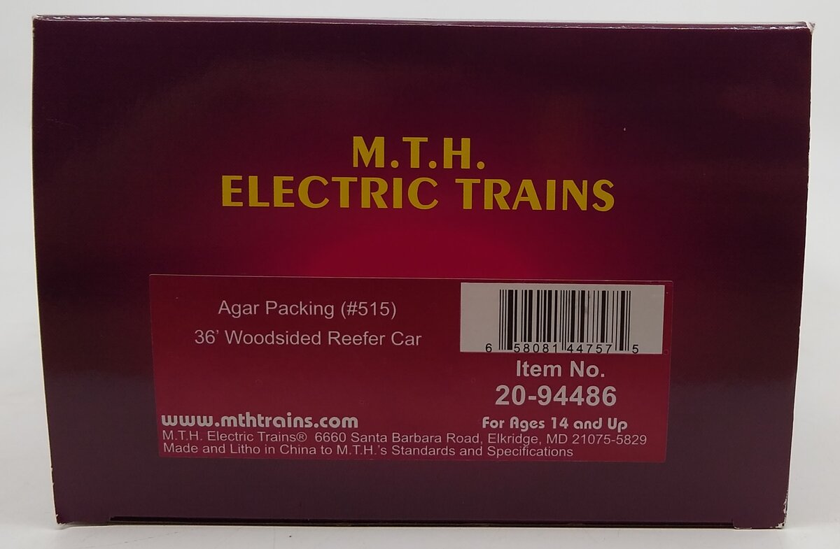 MTH 20-94486 O Gauge Agar Packing Premier 36' Woodside Reefer #515