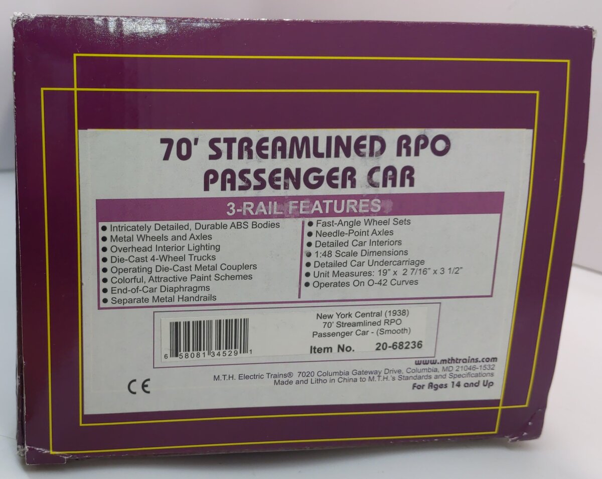 MTH 20-68236 O Gauge New York Central 70' Smooth Streamlined RPO Passenger Car