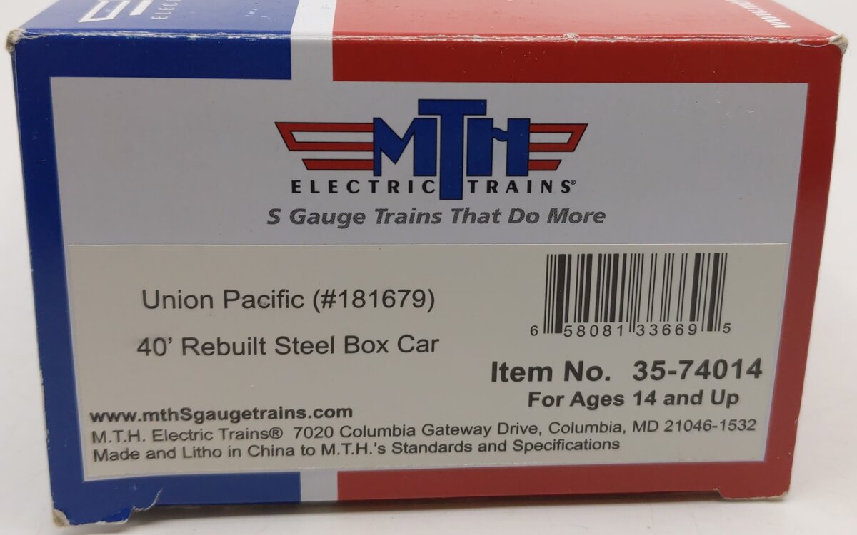 MTH 35-74014 S Gauge Union Pacific 40' Rebuilt Steel Box Car #181679 LN/Box