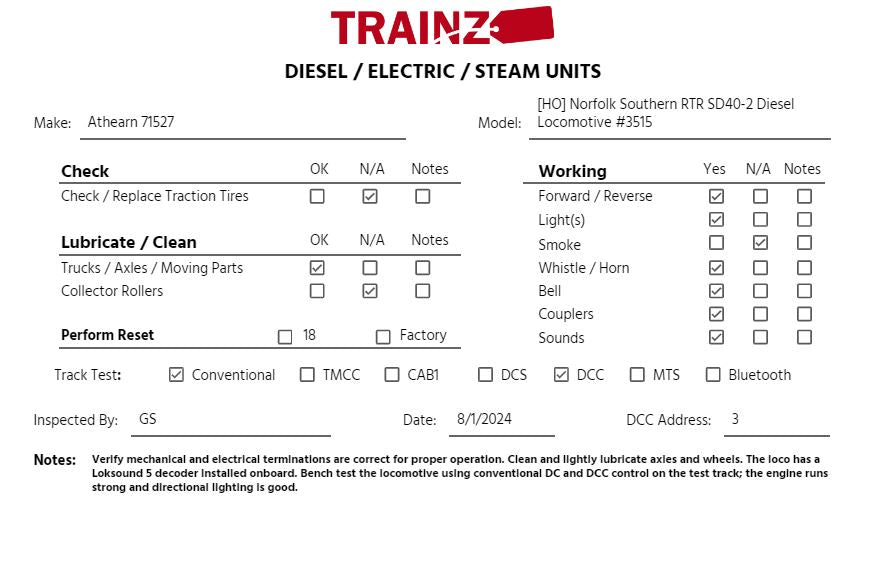 Athearn 71527 HO Norfolk Southern RTR SD40-2 Diesel Locomotive #3515 w/DCC