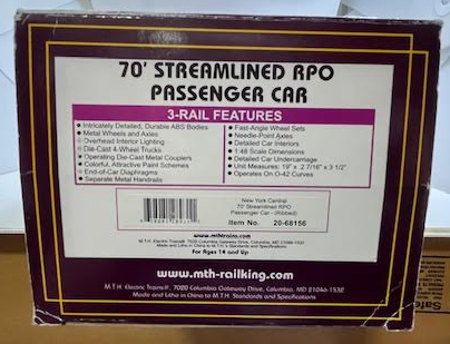 MTH 20-68156 O Gauge New York Central 70' Streamlined RPO Car #5017