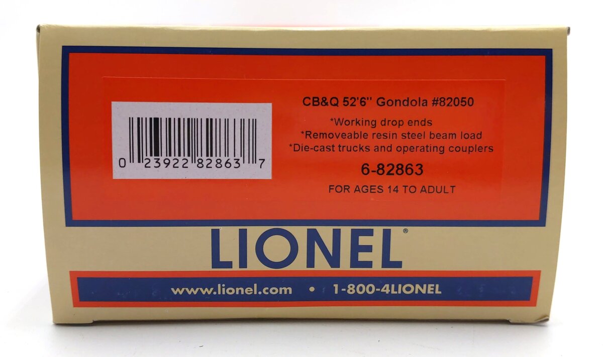Lionel 6-82863 O Chicago, Burlington & Quincey 52'6" Gondola with Load #8250