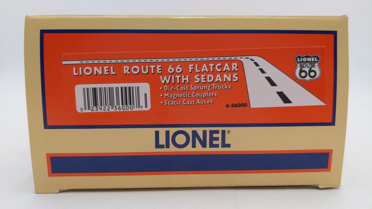 Lionel 6-36000 O Gauge Route 66 Flatcar w/ 2 Sedans #9823-1 LN/Box