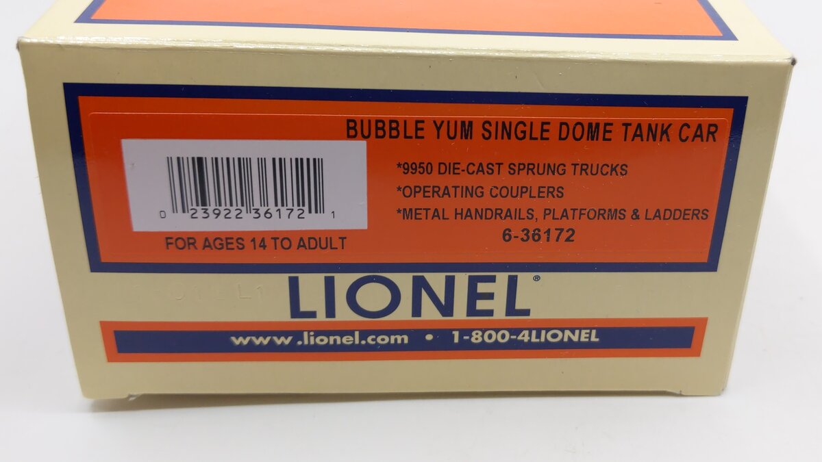 Lionel 6-36172 O Gauge Hershey's Bubble Yum Single Dome Tank Car