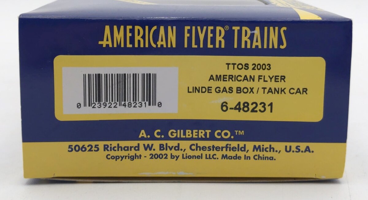 American Flyer 6-48231 S Gauge Linde Gas TTOS 2003 Boxcar w/Tank Cargo #273 MT/Box