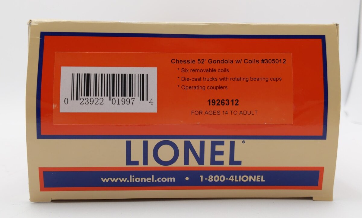 Lionel 1926312 O Chessie System 52' Coil Gondola #305012