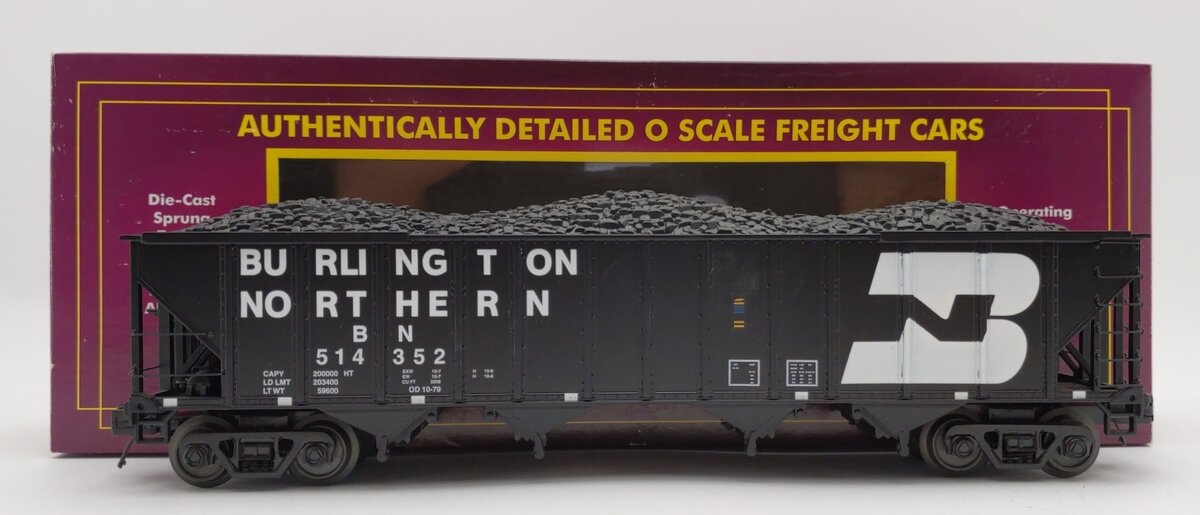 MTH 20-97823 O Burlington Northern 4-Bay Hopper Car with Coal Load #514352