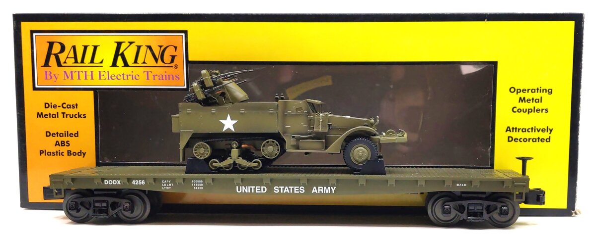 MTH 30-76746 O DODX U.S. Army RailKing Flat Car w/Half-Track M16 Scout Car #4257