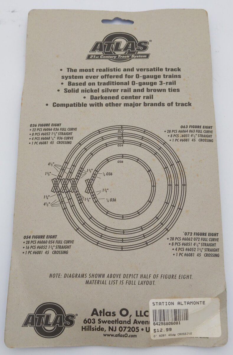 Atlas 6081 O Gauge 45° Nickel Silver Track Crossing 21st Century Track System