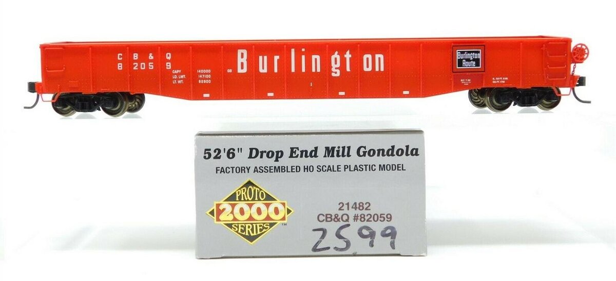 Proto 2000 21482 HO CB&Q 52'6" Drop End Mill Gondola #82059
