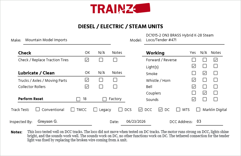 Mountain Model Imports DC1015-2 ON3 BRASS Hybrid K-28 Steam Loco/Tender #471 EX/Box
