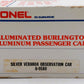 Lionel 6-9580 O Gauge Burlington Aluminum "Silver Veranda" Observation Car EX/Box