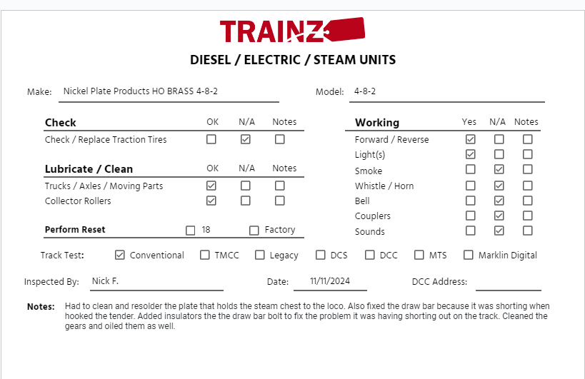 Nickel Plate Products HO BRASS 4-8-2 Steam Locomotive & Tender EX