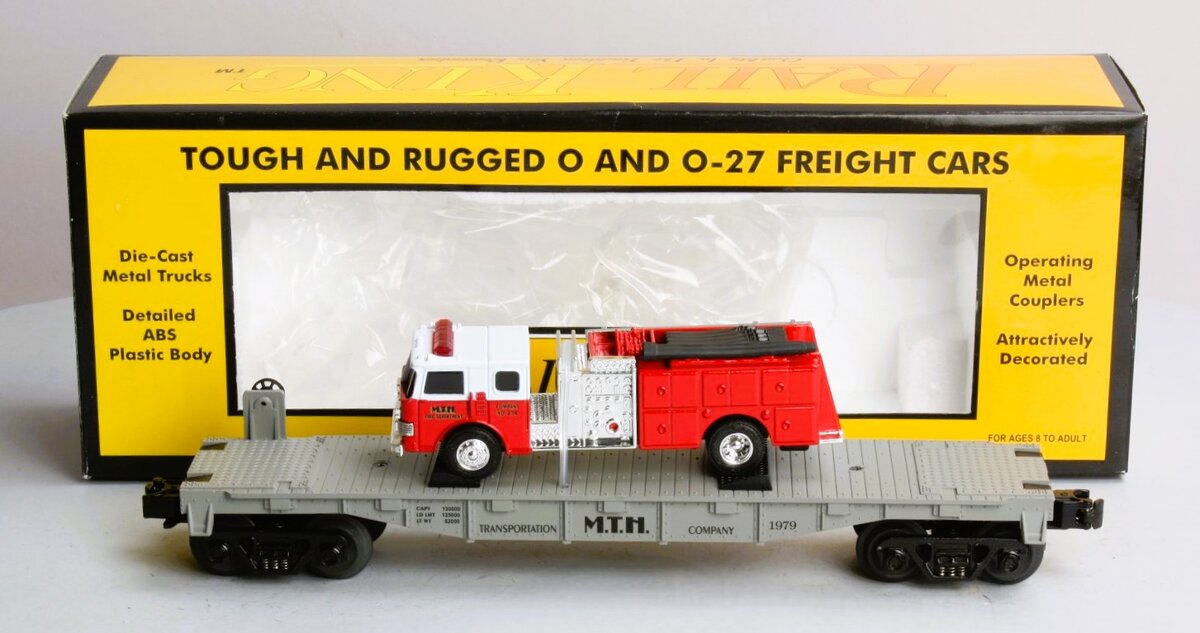 MTH 30-7629 O Gauge Transportation Company Flatcar with Ertl Fire Truck #1979 NIB