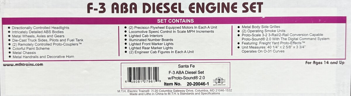MTH 20-20046-1 O Santa Fe F-3 ABA Diesel Engine Set w/PS2 #26L/26C/26A LN/Box