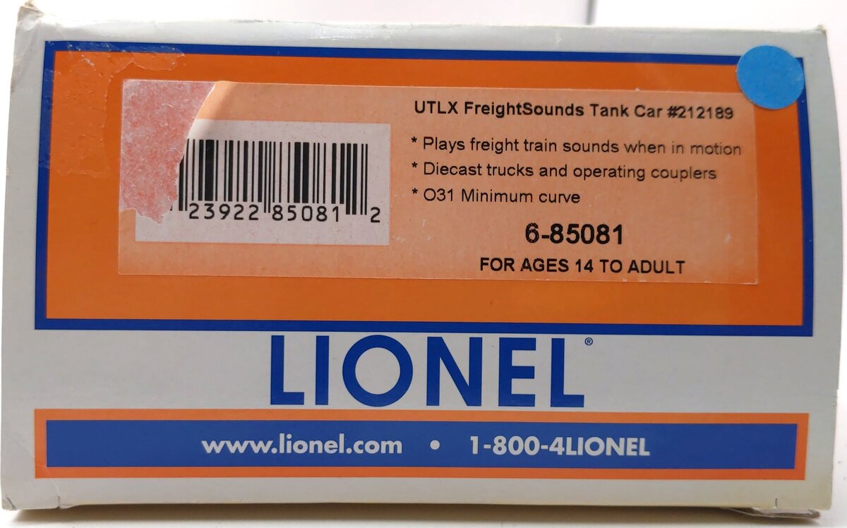 Lionel 6-85081 O UTLX 30K Tank Car with Freight Sounds #212189