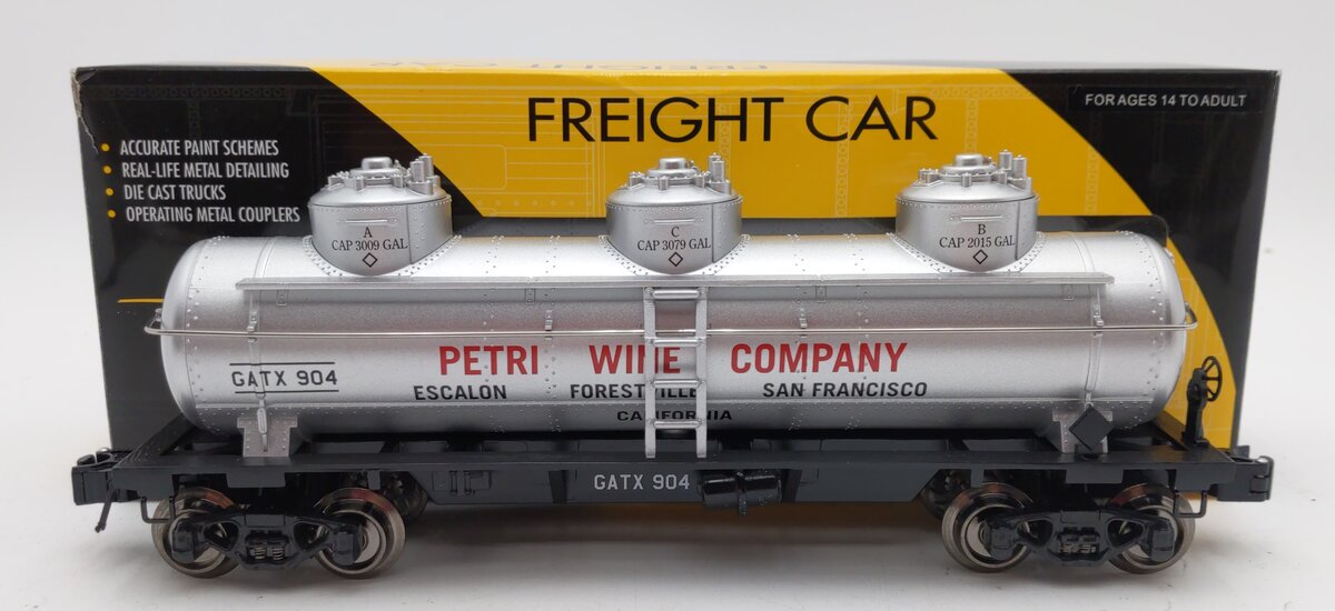 Lionel K-Line 6-22297 Petri Wine Company 3-Dome Tank Car with Die Cast Chassis