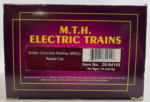 MTH 20-94185 O Gauge British Columbia Railway Reefer Car #822 EX/Box