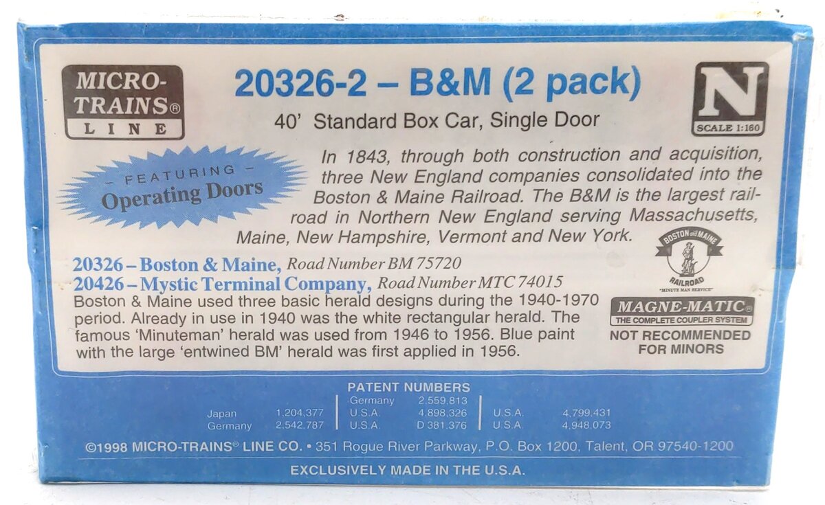 MicroTrains 20326-2 N Scale Boston & Maine 40' Standard Boxcar (Set of 2)