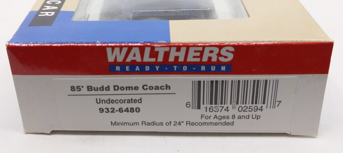 Walthers 932-6480 HO Undecorated 85' Budd Dome Coach LN/Box