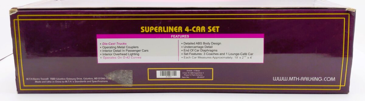 MTH 20-6537 O Amtrak Superliner Passenger Car Set (Set of 4) LN/Box