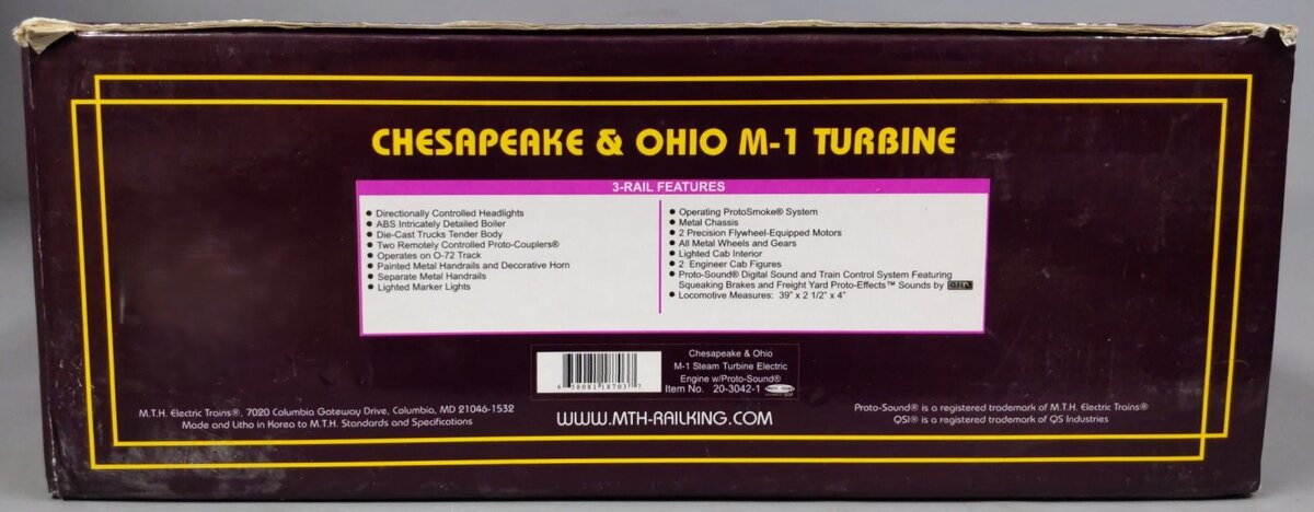 MTH 20-3042-1 O Chesapeake & Ohio M-1 Steam Turbine Electric Locomotive w/PS1 LN/Box