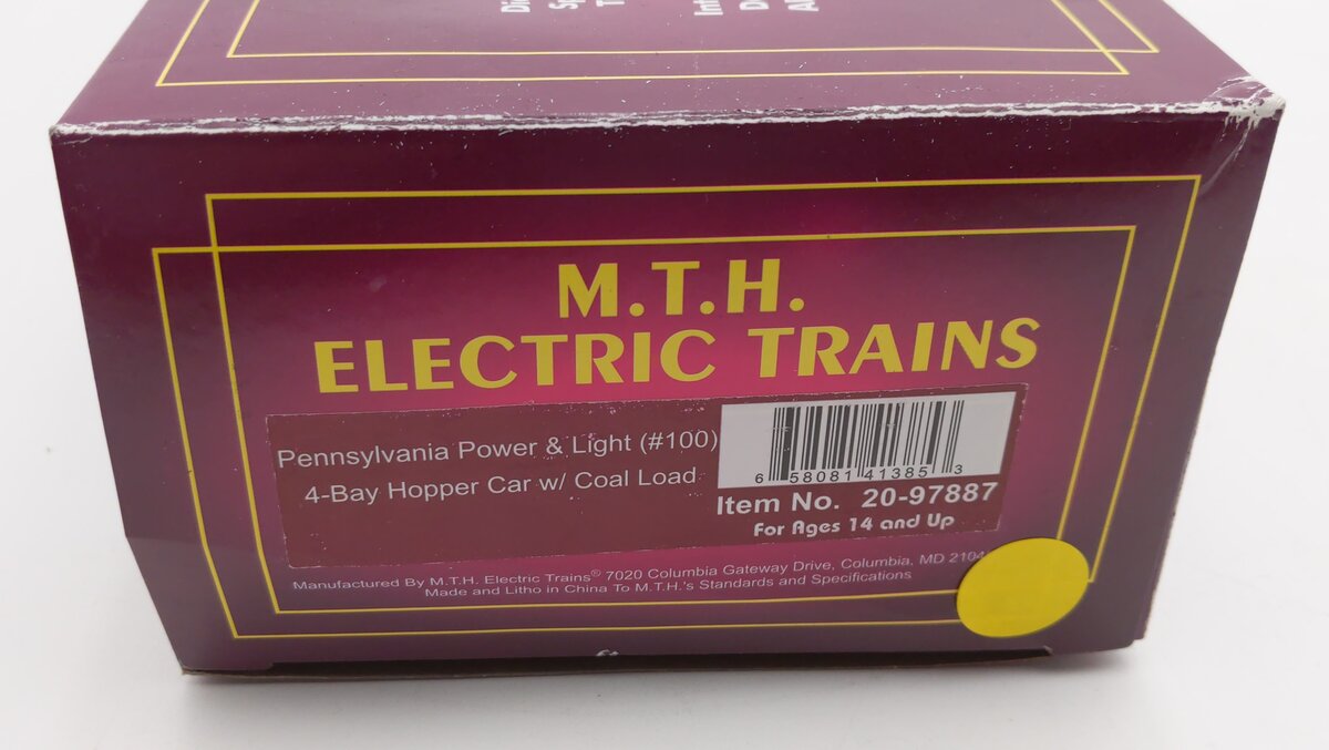 MTH 20-97887 O Pennsylvania Power & Light 4-Bay Hopper Car with Coal Load #100