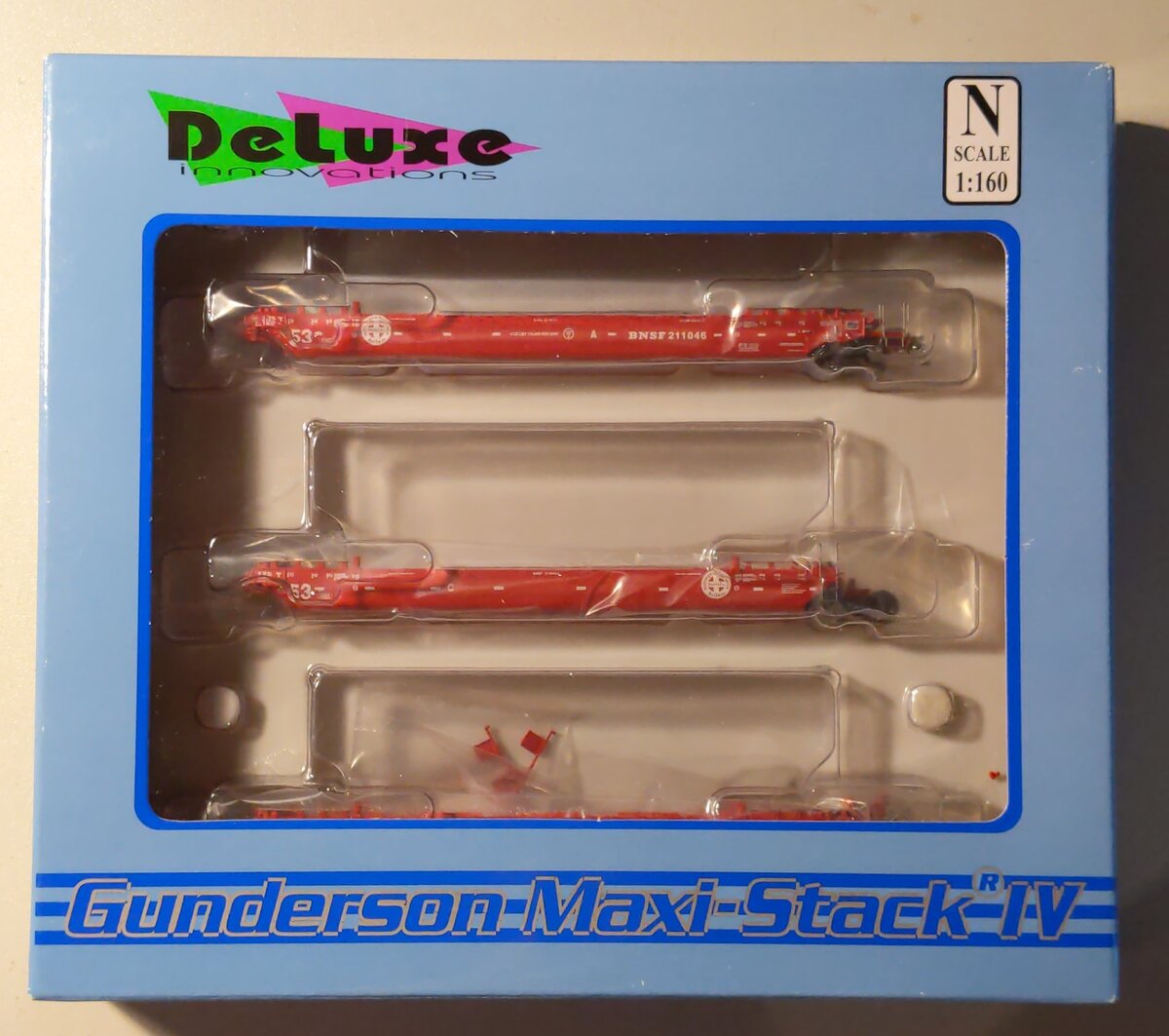 Deluxe Innovations 350202 N Scale BNSF Maxi-Stack IV 3-Unit Intermodal Well Car